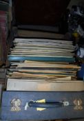 Two boxes of assorted LPs, mainly Classical, together with three old leather suitcase,