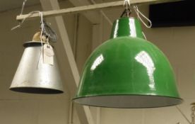 A pair of green enamelled "Rover" ceiling liughts and a pair of aluminium conical ceiling lights