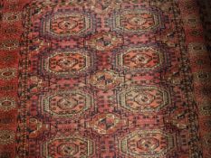 A Turkoman rug, the central panel set with salor guls on a red ground within a red,