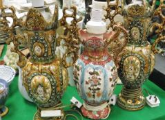 Three Continental majolica vase table lamps