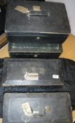 Four black leather covered despatch boxes,