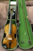 An un-named 14 inch violin with bow in case CONDITION REPORTS Length of violin's