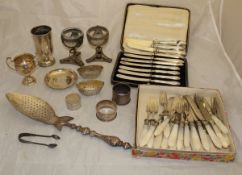 A box of silver and plated wares to include a set of mother of pearl handled fruit knives and forks,
