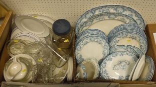 A box of Ye Old Hall pottery Staffordshire "Columbia" pattern blue and white china wares and a box