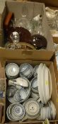 Two boxes of assorted glass and china wares to include Chinese rice pattern dinner wares
