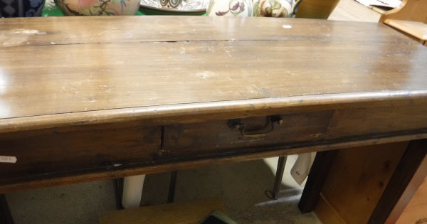 A mahogany single drawer side table on square tapered legs and a modern pitch pine dressing table