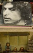 A box of various LP records including Bob Dylan "Hard Rain", "Pat Garrett & Billy The Kid",