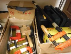 Assorted tools to include drills, sanders, a Dronfield plane, G clamps,