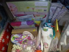 Three boxes of assorted children's bedroom items to include rugs, blankets, etc,