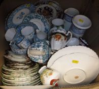 Five boxes of assorted china wares to include items by Copeland, Wedgwood lidded jars,