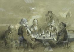 T BEER "Drinking Scene", watercolour on paper, heightened in white,