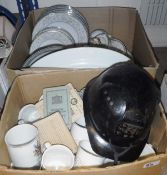 Two boxes of assorted china wares to include various commemorative wares,