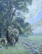 20TH CENTURY ENGLISH SCHOOL "Harvest time with figures in hay cart in the foreground",