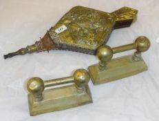 A brass car horn, the head formed as a dragon head, together with an embossed pair of bellows,