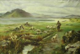 L SPITERI large oil on canvas landscape with shepherd and sheep,