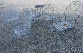 A modern painted metal garden love seat, together with matching single chair,