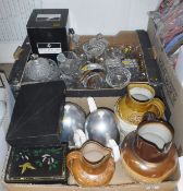 Two boxes of assorted china and glassware to include three Doulton Lambeth jugs