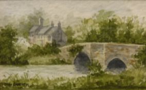 DAVID AUSTIN "Bridge over river" and "Buildings on the shoreline", watercolour on paper,