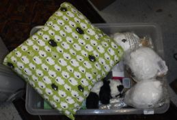 Four boxes of assorted baby and children's items to include blankets, stuffed toys, pillows,