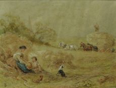 AFTER MILES BIRKET FOSTER "Harvest Scene", watercolour on paper, together with two other pictures,