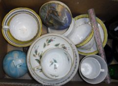 A box of assorted china and glass wares to include Crown Derby teacup and bowl,