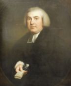 18TH CENTURY ENGLISH SCHOOL "Portait of a cleric in black with white collar holding documents",