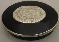 A tortoiseshell and white metal lidded pot with armorial white metal cartouche to the lid with a