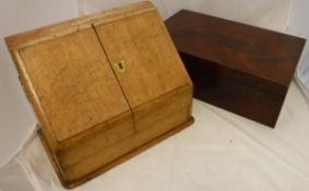 A mahogany writing slope with fitted interior, together with an oak letter box, a doll's bed,