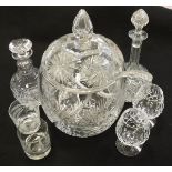 A selection of cut glass wine glasses and beakers, together with a Stuart Crystal decanter,