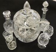 A selection of cut glass wine glasses and beakers, together with a Stuart Crystal decanter,