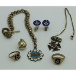 Assorted Masonic related items to include 9 carat gold Masonic orb, two Masonic rings,