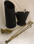 Three brass fireside companion tools, a coal bucket and coal scuttle,