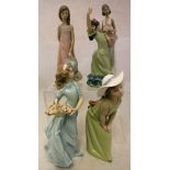 A collection of five Lladro figurines to include "The Flamenco Dancer" and "Young girl with hat"