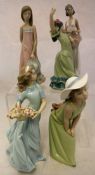 A collection of five Lladro figurines to include "The Flamenco Dancer" and "Young girl with hat"