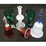 A collection of various glass to include three Nailsea glass bells