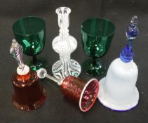 A collection of various glass to include three Nailsea glass bells