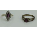 An 18 carat gold ruby and chip diamond ring, set within a pinched oval,