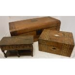 A walnut and parquetry inlaid dome topped writing slope, a mahogany tea caddy with squat bun feet,