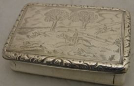 A silver snuff box, the lid with hunt decoration and gilt-washed interior (by John Shaw,