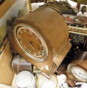 A box containing assorted sundry items to include a mahogany and inlaid balloon shaped mantle clock,