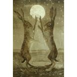 ENGLISH SCHOOL "Two hares boxing in moonlight with full moon", watercolour,