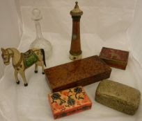 Assorted miscellaneous items to include a decanter, burr cedar box, tray,