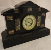 A marble and slate cased mantle clock with Arabic numerals to the dial,