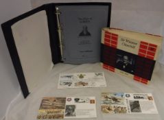 Four boxes of assorted stamps comprising mainly first day covers relating to the military and sport