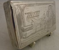 A Continental white metal snuff box with engraved decoration of horse and stable with stable boys,
