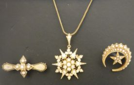 An 18 carat gold star and crescent and seed pearl set brooch,