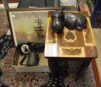 A box of metal wares to include a Besmo hand-carved hippo and a small mahogany inlaid table with