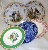 A set of five Copeland floral decorated dessert plates with a green gilt banded rim,