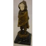 AFTER ANTOINE BOFILL (1895-1921) "Hooded and robed child", patinated bronze with ivory face,