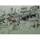 WILLIAM PAPAS "Procession", pen and watercolour, together with two further illustrations,